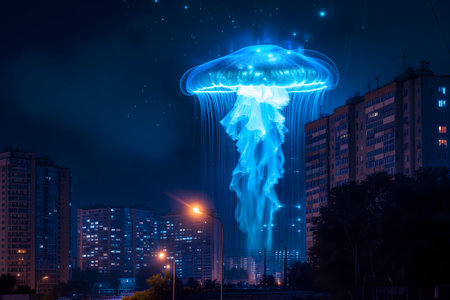 Glowing blue jellyfish UFO over night cityの素材