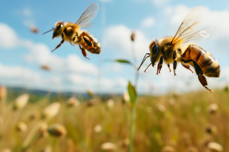 two honeybees above field at sunny summer dayの素材