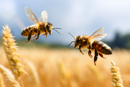 two honeybees above field at sunny summer dayの素材