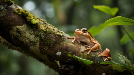 A frog resting on a tree branch in dense junglesの素材