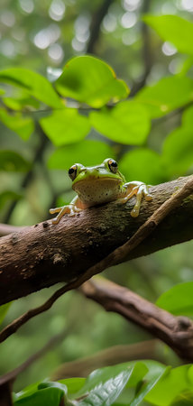 A frog resting on a tree branch in dense junglesの素材