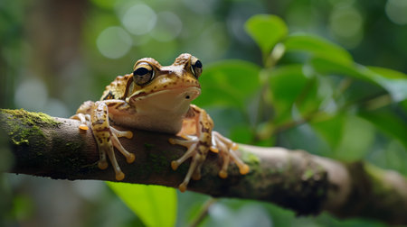 A frog resting on a tree branch in dense junglesの素材