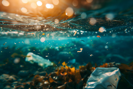 Plastic pollution in the ocean, garbage floating under water illuminated with sunlight.の素材