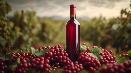 A red wine bottle in front of a landscape of grape farmland.の素材