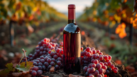 A red wine bottle in front of a landscape of grape farmland.の素材