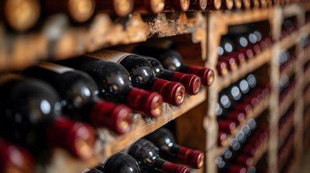 wine racks in a luxury cellar, closeup with selective focusの素材