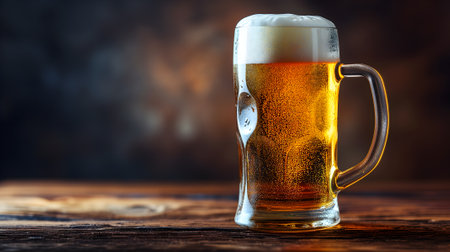 cold mug with beer, with overflowing froth, on wooden table and dark background with copy space, side viewの素材
