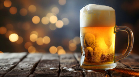 cold mug with beer, with overflowing froth, on wooden table and dark background with copy space, side viewの素材