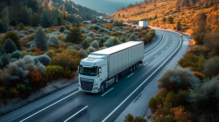 white European semitruck is seen from the sky on a highway backed by vegetationの素材