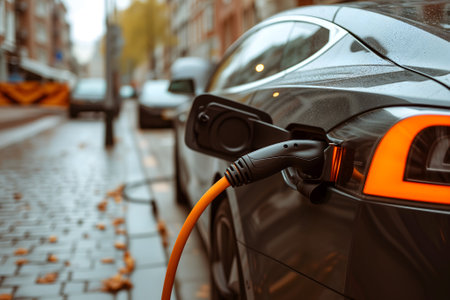Charging of electrical vehicle, close up view, copy spaceの素材