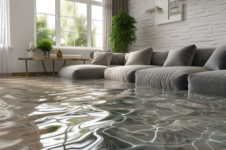 Home Floor Flooded, Showcasing Water Damage And Potential Issuesの素材