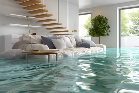 Home Floor Flooded, Showcasing Water Damage And Potential Issuesの素材