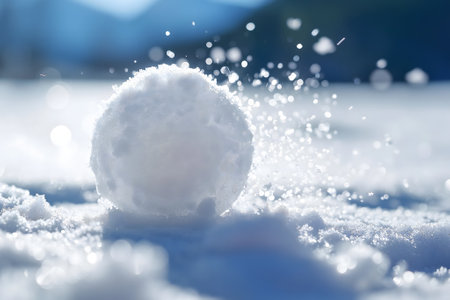 Snowball on snow covered ground at sunny winter day for snow ball effect conceptの素材
