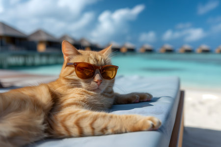 tabby cat with sunglasses laid on tropical beachの素材