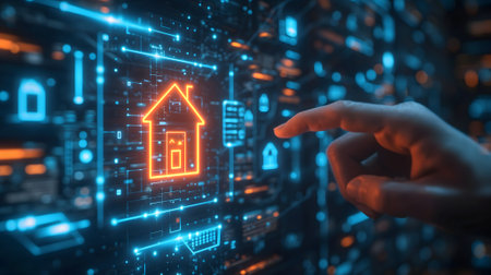 House hologram and human hand in futuristic digital backgroundの素材