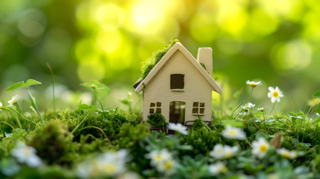 Tiny toy house on spring grass sprouts.の素材