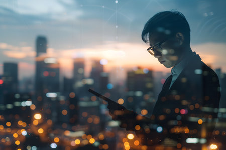 Double exposure of business and a city - Asian businessman using a digital tablet superimposed on a city skylineの素材