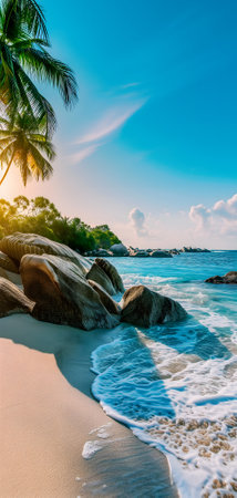 tropical beach view at sunset or sunrise with white sand, turquoise water and palm treesの素材
