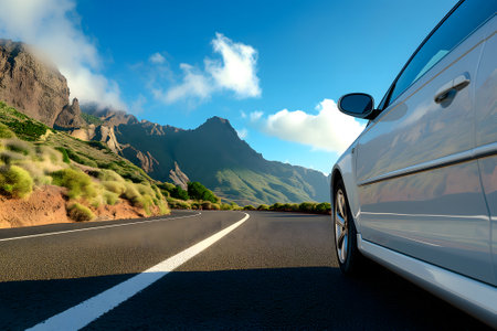 Car traveling with a mountain road at summer day.の素材