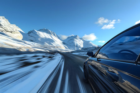 Car traveling with a mountain road at summer day.の素材