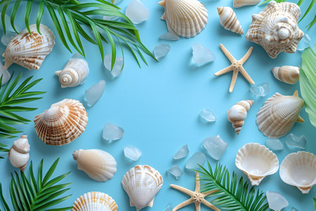 Seashells, pebbles, mockup on blue background. Blank, top view, still life, flat lay. Sea vacation travel concept tourism and resorts. Summer holidays.の素材