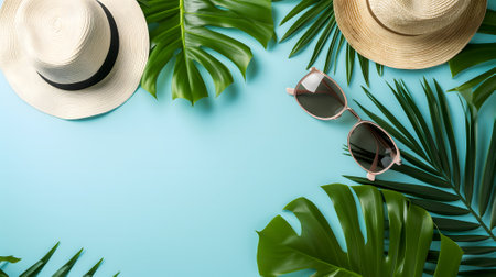 Hats, sunglasses, palm tree leaves on blue background. Blank, top view, still life, flat lay. Sea vacation travel concept tourism and resorts. Summer holidays.の素材