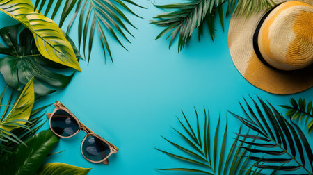 Hat, sunglasses, palm tree leaves on blue background. Blank, top view, still life, flat lay. Sea vacation travel concept tourism and resorts. Summer holidays.の素材