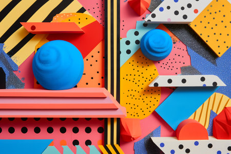 abstract background of playful convergence of 2D pop-art graphics and 3D geometric shapes creating a vibrant multiverse portal, embodying high-energy and big-impact visualsの素材