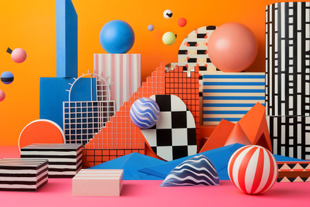 abstract background of playful convergence of 2D pop-art graphics and 3D geometric shapes creating a vibrant multiverse portal, embodying high-energy and big-impact visualsの素材