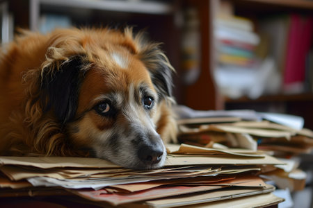 dog in an office, overwhelmed by a mountains of paperworkの素材