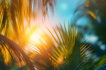 Vibrant sunny backdrop palm leaves with golden sun light.の素材