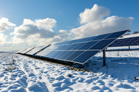 Photovoltaic solar panels in the field at sunny winter dayの素材