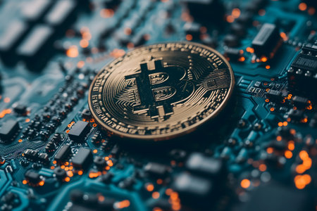 bitcoin shiner laid over circuit boardの素材