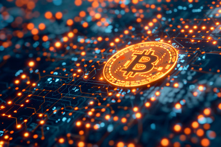bitcoin shiner laid over circuit boardの素材
