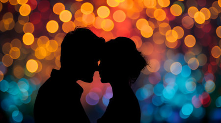 silhouette of a couple with a colorful bokeh backgroundの素材