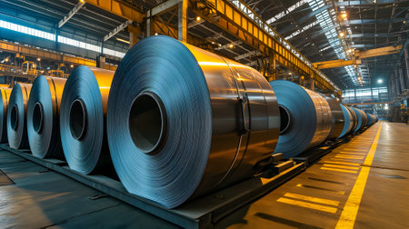 Packed rolls of steel sheet, Cold rolled steel coils in a warehouseの素材