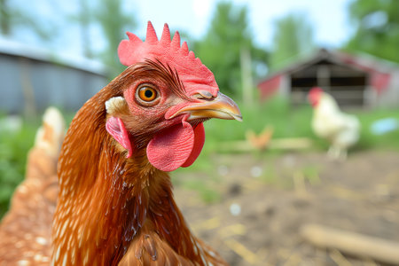 Portrait of hen on the chicken farm, closeup with bokeh.の素材