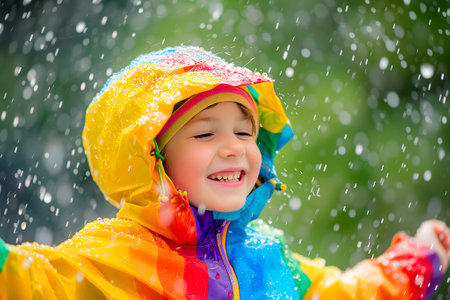 Happy child in colorful raincoat enjoying rain.の素材
