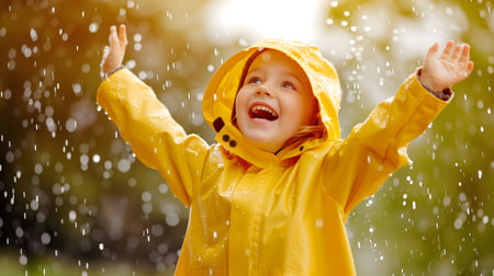 Happy child in yellow raincoat enjoying rain.の素材