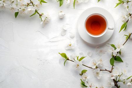 A cup of tea is on top a white table with blossoming floral branches.の素材