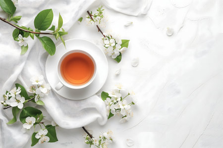 A cup of tea is on top a white table with blossoming floral branches.の素材