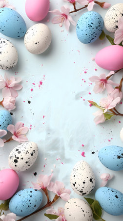Easter eggs day background with copy space, high angle view.の素材