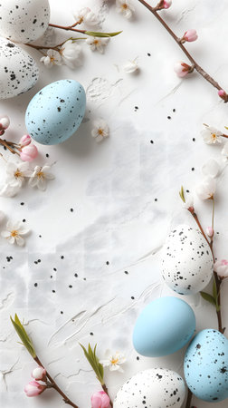 Easter eggs day background with copy space, high angle view.の素材