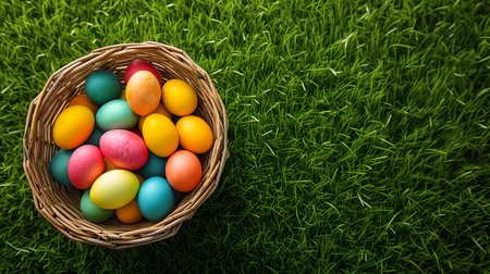 Easter basket with colorful eggs on a background of green grass meadow, high angle viewの素材