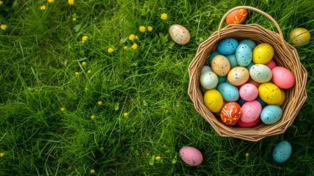 Easter basket with colorful eggs on a background of green grass meadow, high angle viewの素材
