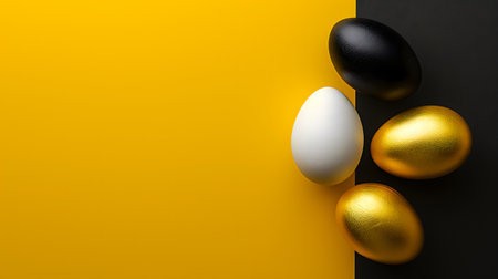 Golden, black, white Easter eggs on a yellow-black background. geometry. Minimal concept. View from above.の素材