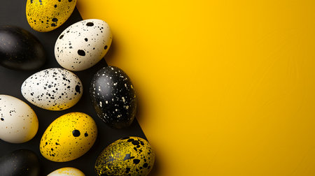 Golden, black, white Easter eggs on a yellow-black background. geometry. Minimal concept. View from above.の素材