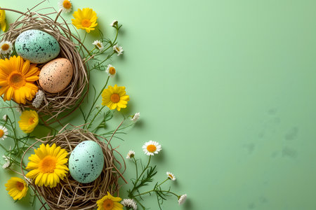 Easter eggs day background with copy space, high angle view.の素材