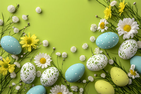 Easter eggs day background with copy space, high angle view.の素材