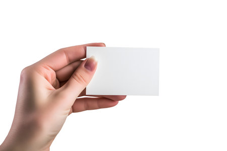 woman Hand holding blank business card on white backgroundの素材